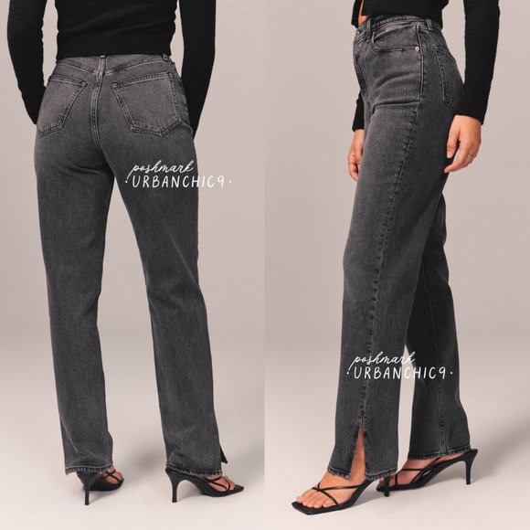 NWT ABERCROMBIE Curve Love 90s High Rise Straight Jean Gray Side Slit size 27 - Picture 3 of 14